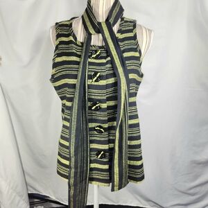 600 West Black & Green Striped Sleeveless Button Down Top w/Scarf Size Medium